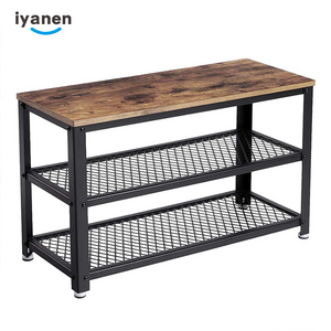 Iyanen High Quality Metal Frame Industrial Vintage 3-tier Shelf Bench with Seat Storage Organizer Wooden Shoe Shelf Shoe Rack