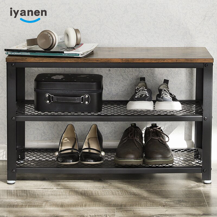 Entryway Bathroom Living Room Industrial 3 tier Shoe Storage Mesh Shelves Organizer metal shoe cabinet bench Steel shoe rack