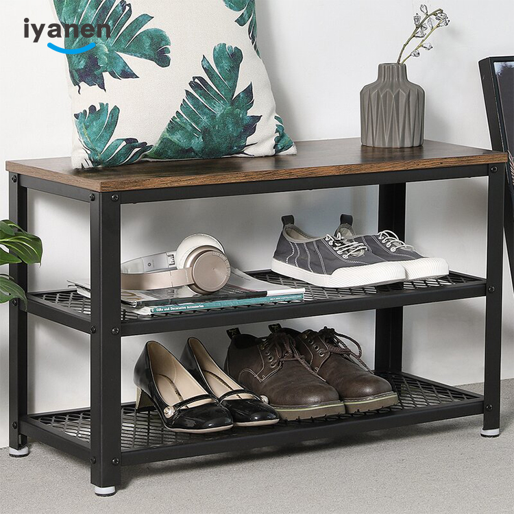 Entryway Bathroom Living Room Industrial 3 tier Shoe Storage Mesh Shelves Organizer metal shoe cabinet bench Steel shoe rack