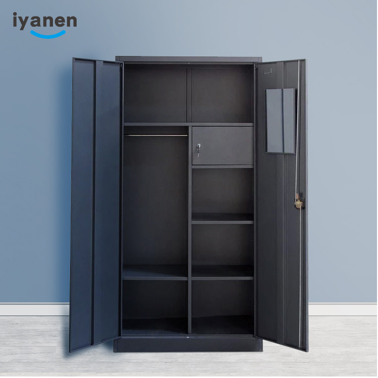 Cheap Home Office Living room Black 2 Swing Door Standing Foot Clothes Storage Metal Wardrobe Steel Armoire with Mirror