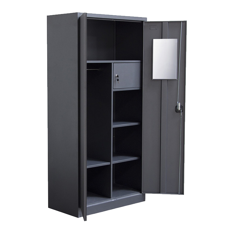 Cheap Home Office Living room Black 2 Swing Door Standing Foot Clothes Storage Metal Wardrobe Steel Armoire with Mirror