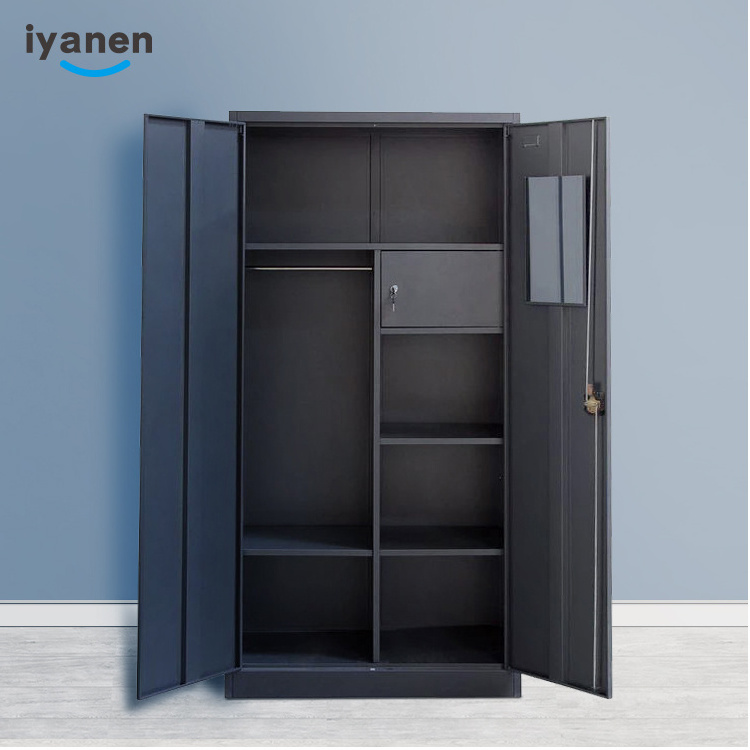 IYANEN European design livingroom black 2 swing door standing foot clothes storage metal wardrobe steel armoire with mirror