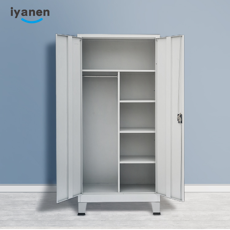 IYANEN new design grey 2 swing door standing leg livingroom clothes storage metal wardrobe