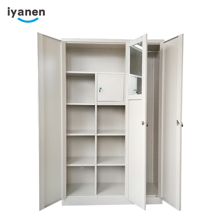 Customized modern KD beige color bedroom clothes storage cabinet 3 door steel armoire closet metal wardrobe locker with mirror