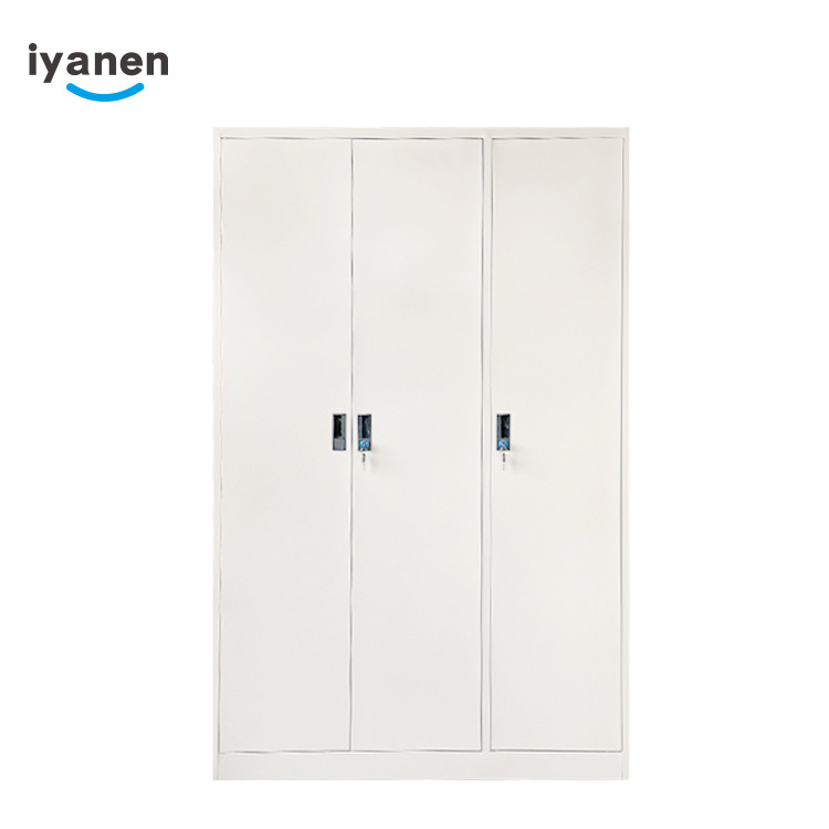 Customized modern KD beige color bedroom clothes storage cabinet 3 door steel armoire closet metal wardrobe locker with mirror