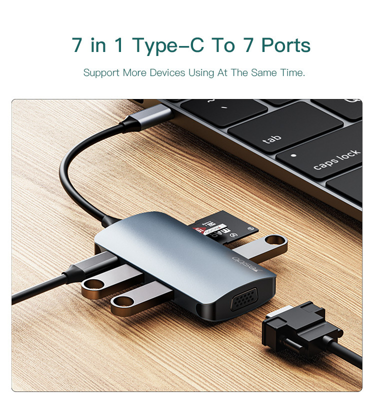 HB16 YESIDO Aluminum Alloy and TPE cable Mutti Functional 7 in 1 Type-C USB HUB