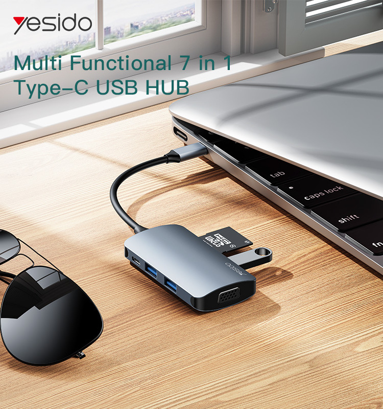 HB16 YESIDO Aluminum Alloy and TPE cable Mutti Functional 7 in 1 Type-C USB HUB