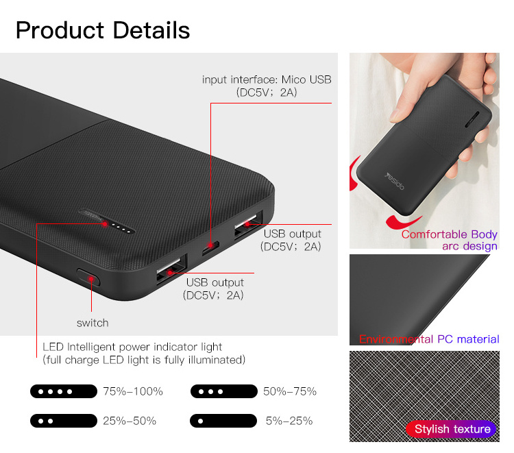 China Supplier High Capacity 2 Usb Port Powerbank Portable Mobile Phone Power Bank 10000Mah