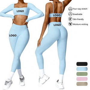 Solid Color Activewear Clothes Sexy Yoga Sport Bra Long Sleeve Leggings Biker Shorts Gym Wear Workout Women Gym Fitness Sets