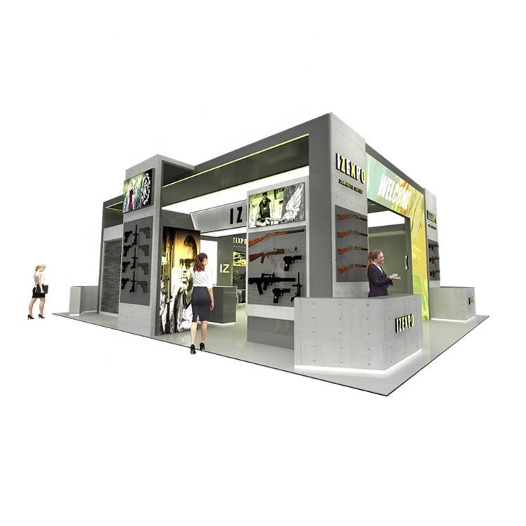 IZExpo Booth Exhibition Booth Free Design 10X20 20X20 Trade Show Display Stand With TV Hot Toy Gun Wooden Material Exhibit Booth