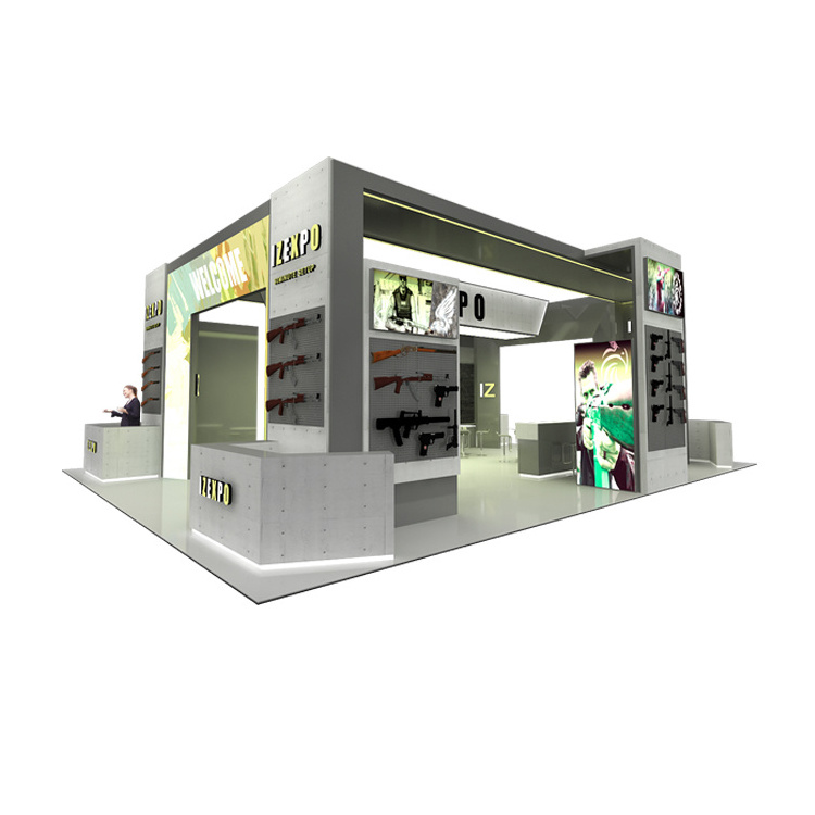 IZExpo Booth Exhibition Booth Free Design 10X20 20X20 Trade Show Display Stand With TV Hot Toy Gun Wooden Material Exhibit Booth