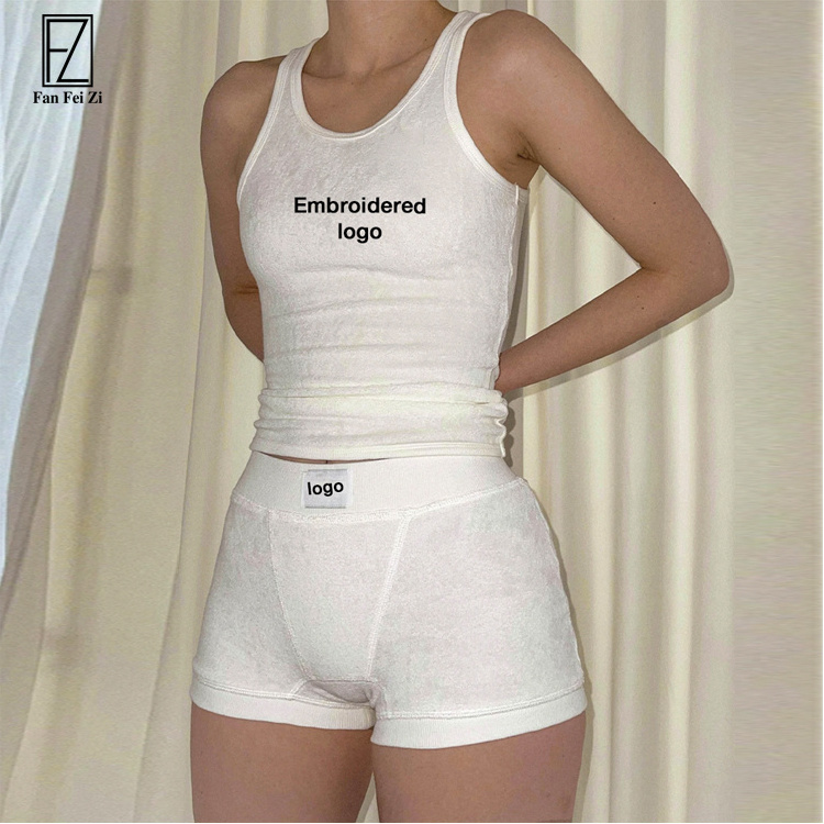 2024 Custom logo Summer Loungewear Suit beach Terry towel white 2 piece short set tank top and boxer short sets for women