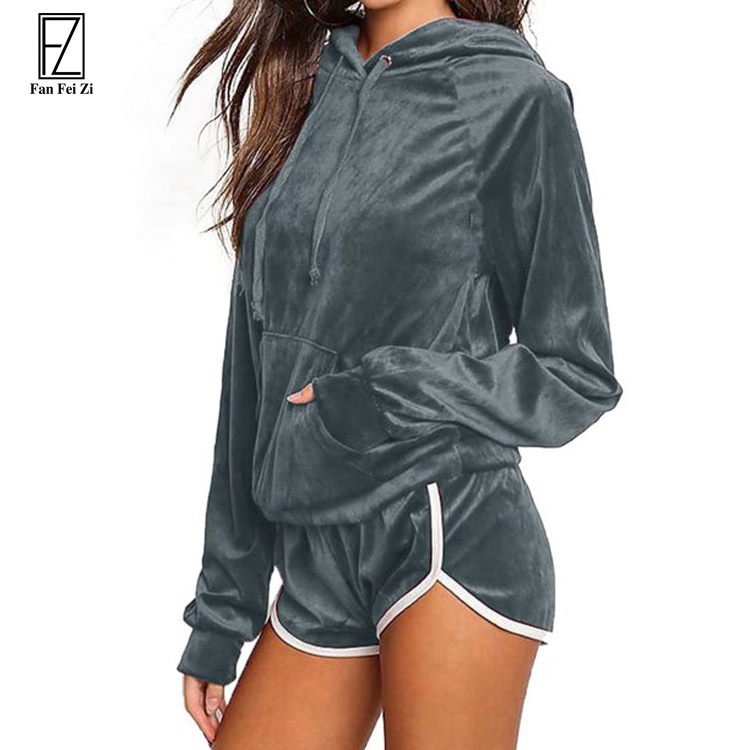 2022 long sleeve Velvet hoodies drawstring pullover top shorts Blank Velour Tracksuit 2 Piece Set Women