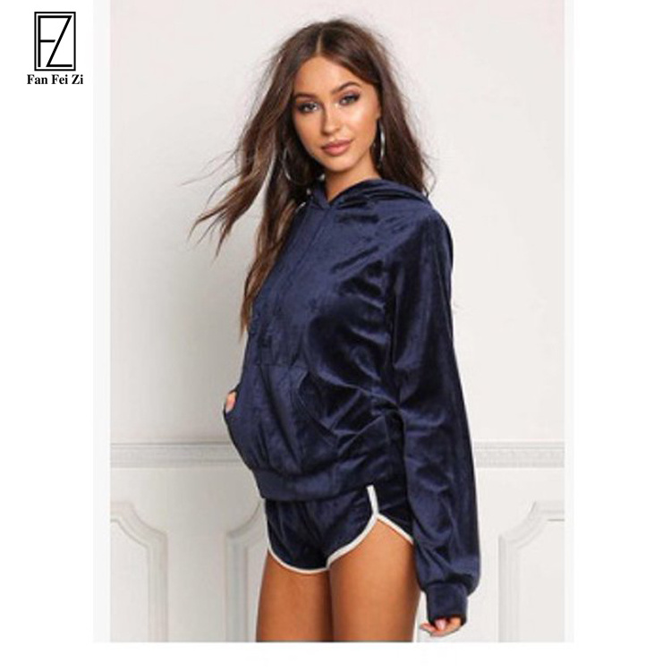 2022 long sleeve Velvet hoodies drawstring pullover top shorts Blank Velour Tracksuit 2 Piece Set Women