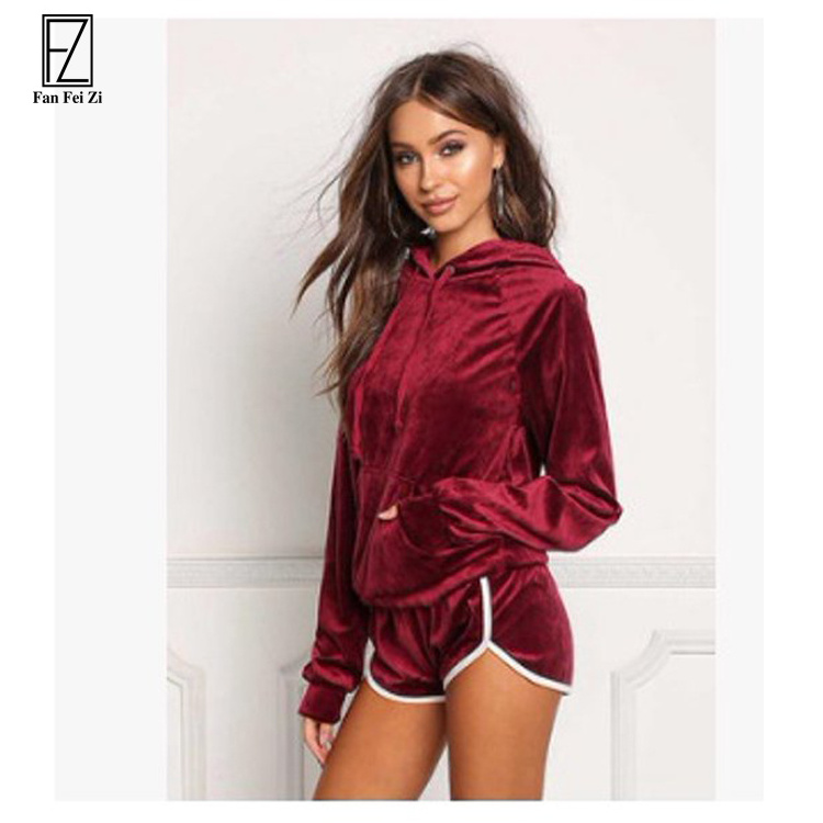 2022 long sleeve Velvet hoodies drawstring pullover top shorts Blank Velour Tracksuit 2 Piece Set Women