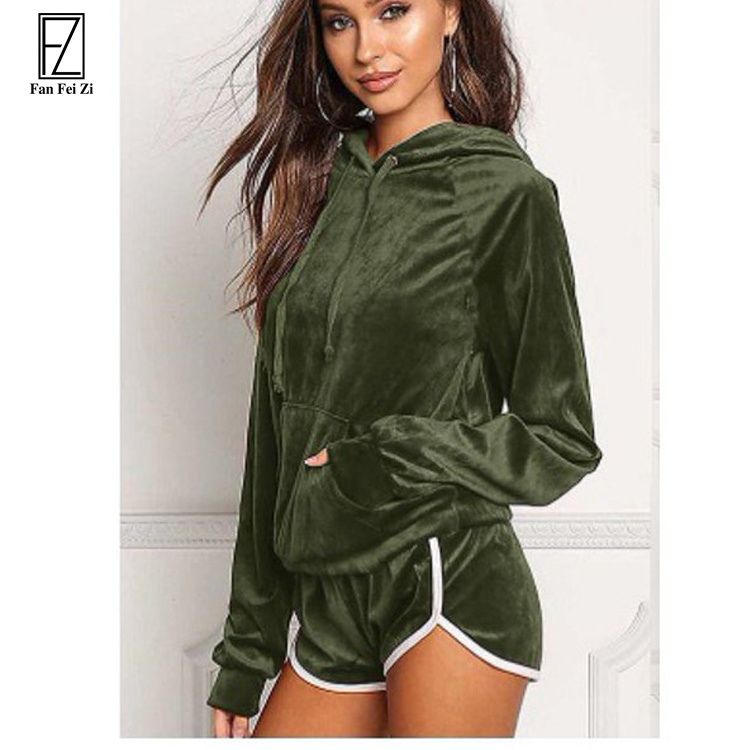 2022 long sleeve Velvet hoodies drawstring pullover top shorts Blank Velour Tracksuit 2 Piece Set Women