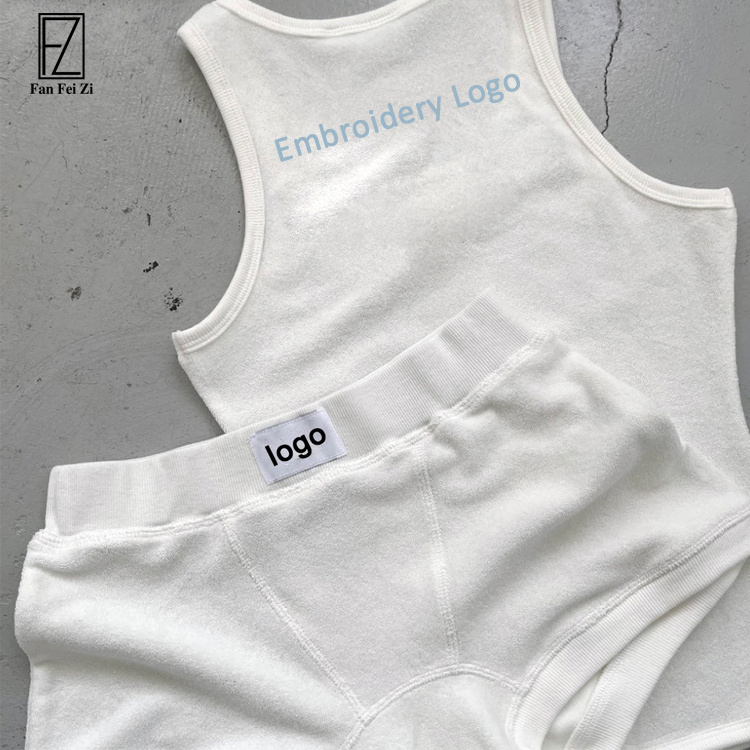 2024 Custom logo Summer Loungewear Suit beach Terry towel white 2 piece short set tank top and boxer short sets for women