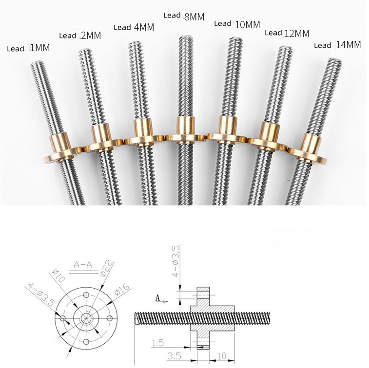 T8 t8x2 screw 1000mm 8mm pitch 2mm lead 4mm stainless steel wire lever with copper nut Acme thread, used for 3D Pr stepper motor