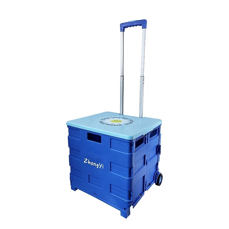 Best Selling Foldable Rolling Pull Cart with Telescopic Handle Heavy Duty Folding Plastic Box with Wheels