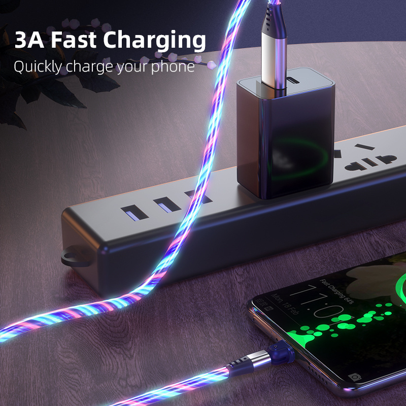 540 360 Degree usb c micro Flowing LED Light fast charging cell phone 3 in 1 magnetic phone usb data cable