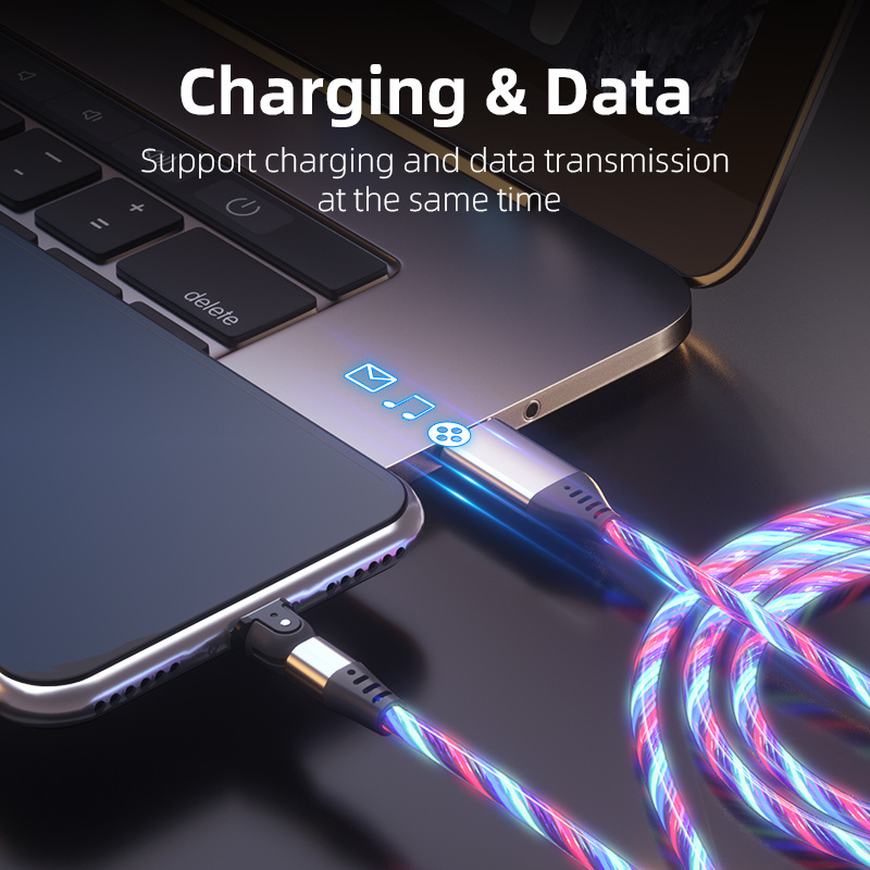 540 360 Degree usb c micro Flowing LED Light fast charging cell phone 3 in 1 magnetic phone usb data cable