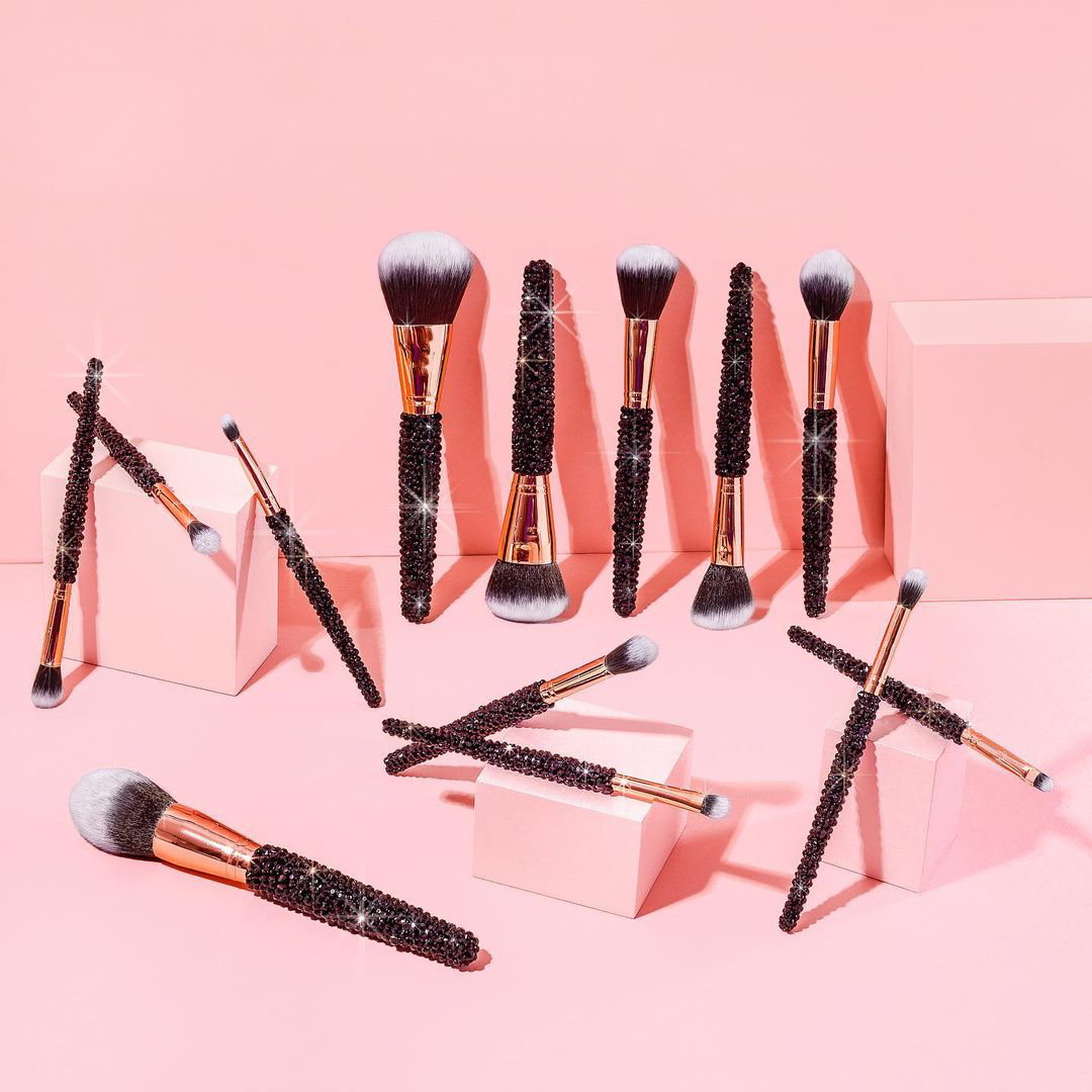 Rose golden Glitter Handle 12pcs crystal diamond foundation brush set with PU bag makeup brushes