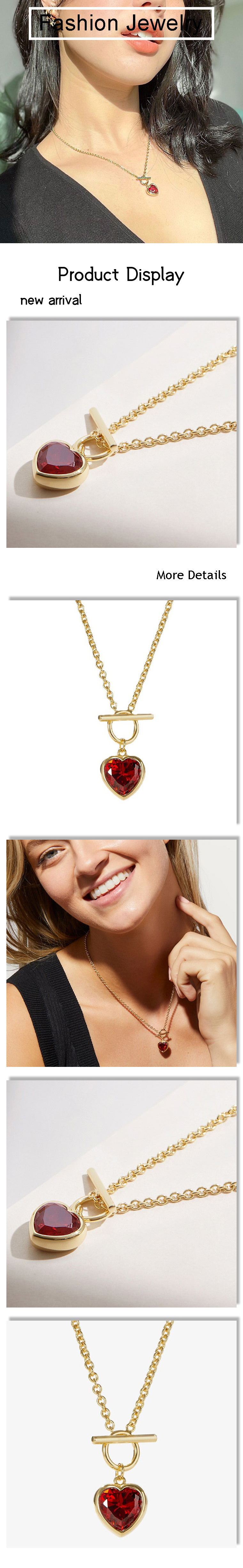 Jachon Red Zircon Stone Heart Pendant Necklace Stainless Steel OT Clasp Gemstone Heart Necklace fashion jewelry necklaces