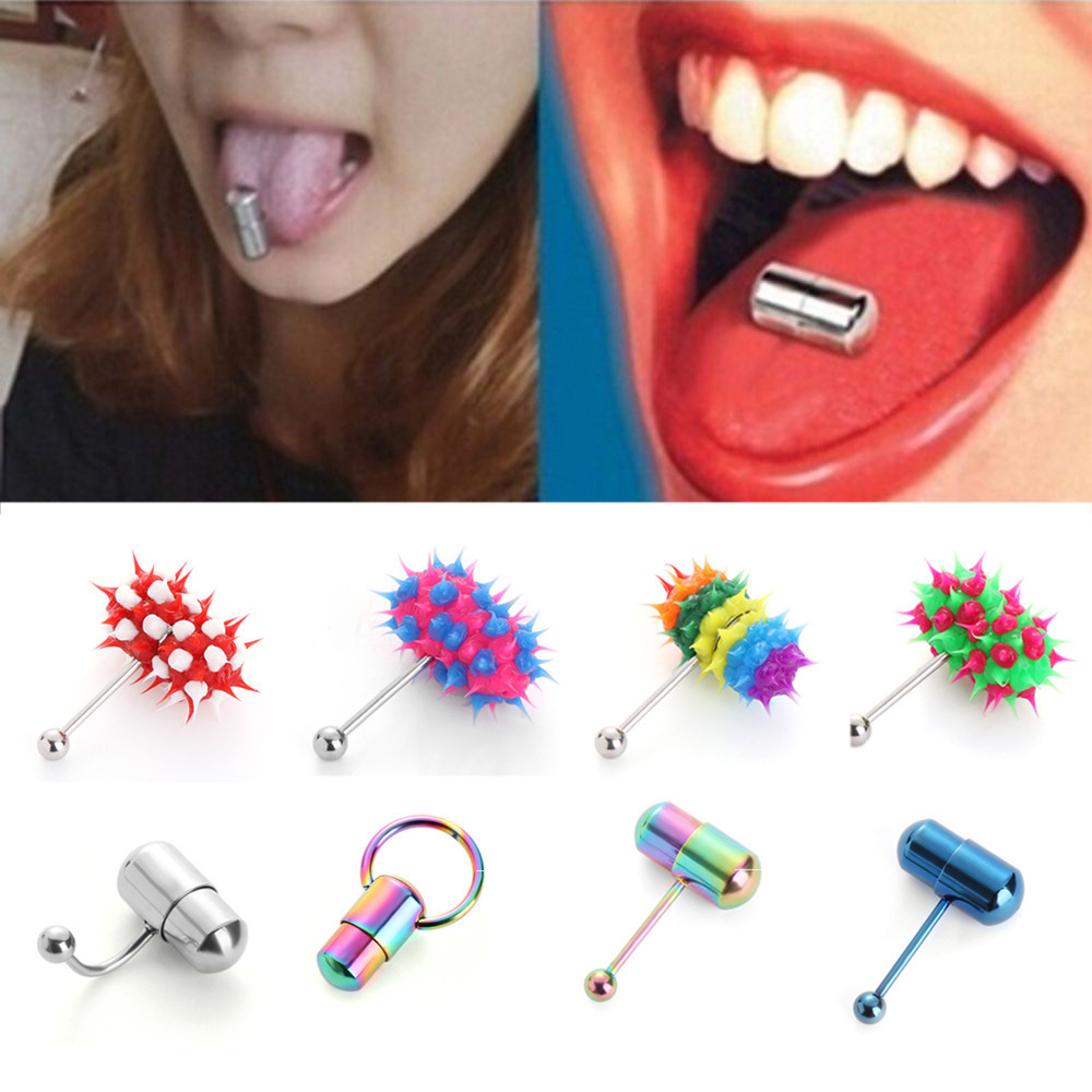 Jachon Hip Hop Rubber Vibrating Tongue Ring 1.6*18*5mm Stainless Steel Barbell Tongue Piercing Punk Unisex Body Jewelry