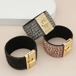 Jachon Wide Leather Cuff Bracelets Full Sparkly Rhinestone Magnetic Snap Beautiful Stage Women Bracelets