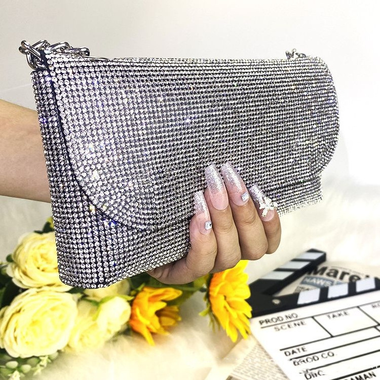 Luxury Small Diamond Clutch Bag Solid Design with Rhinestones Fashionable Chain Sling Purse for Women's Evening Wedding Events