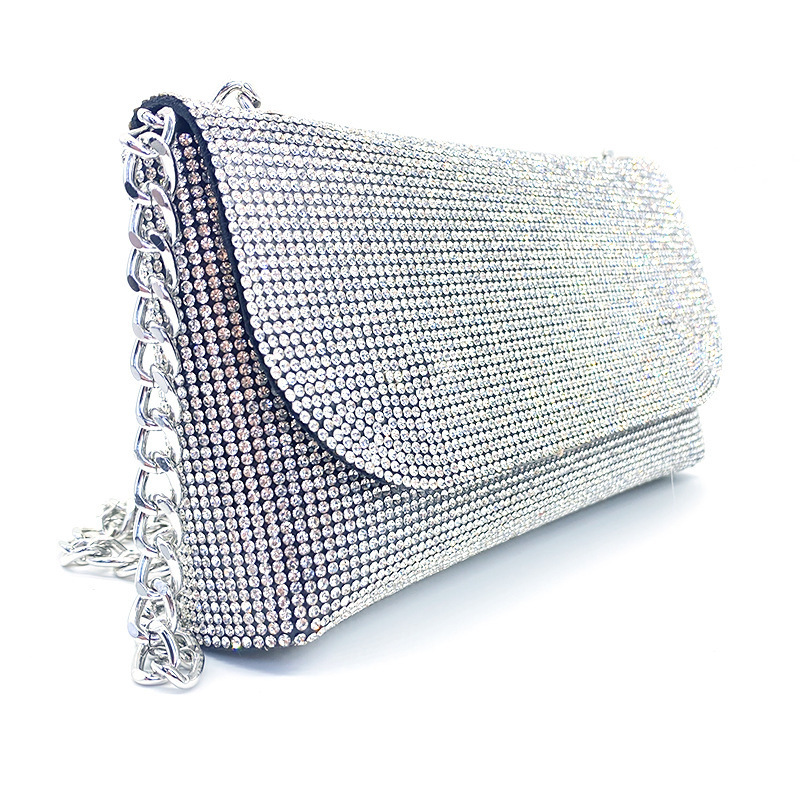 Luxury Small Diamond Clutch Bag Solid Design with Rhinestones Fashionable Chain Sling Purse for Women's Evening Wedding Events