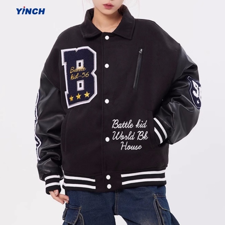 LAYENNE High Quality Varsity Jacket Men Embroidery PU Leather Sleeves Custom lapel Baseball Letterman flock Varsity Jacket