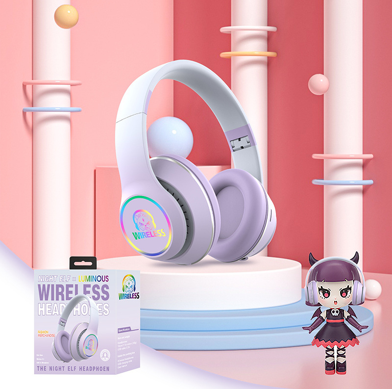 2022 fashion BT FM TF card bluetooth wireless gift LED headsets purple headband headphone earphones earbuds