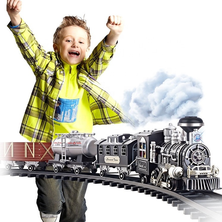 R/C smoke train set long track with light sound music model christmas train train set electric on track kids toys 2024