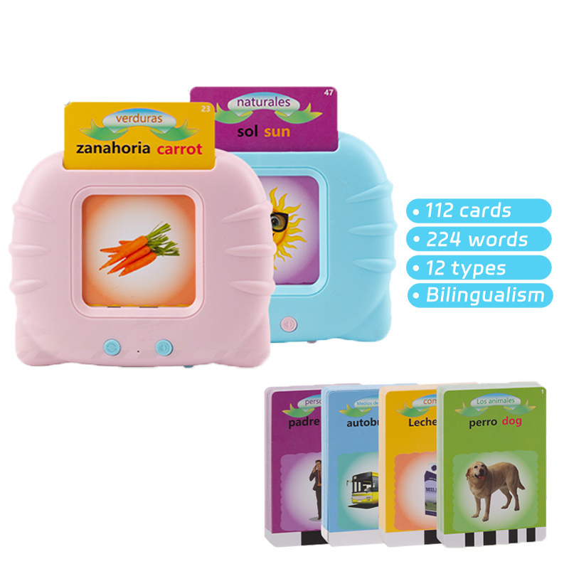 Spanish English 2 Languages Learning Toy Talking Flash Cards 224 Words Small Educational Learning Machine Toys Children