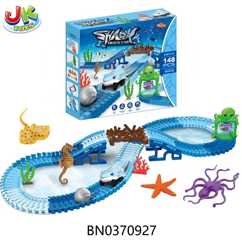 148PCS Plastic shark car track toys ocean DIY electric track car toy set boy kids slot rail toy