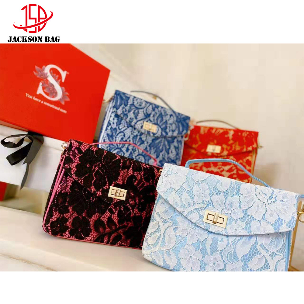 Lace and pu Leather Bag Women  Elegant Lace Decor Envelop Clutch Evening Handbag Women Purse