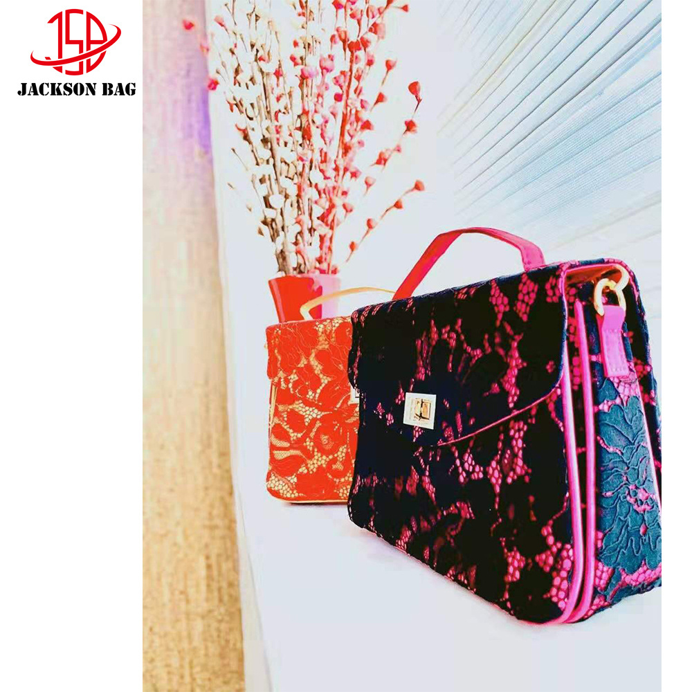 Lace and pu Leather Bag Women  Elegant Lace Decor Envelop Clutch Evening Handbag Women Purse