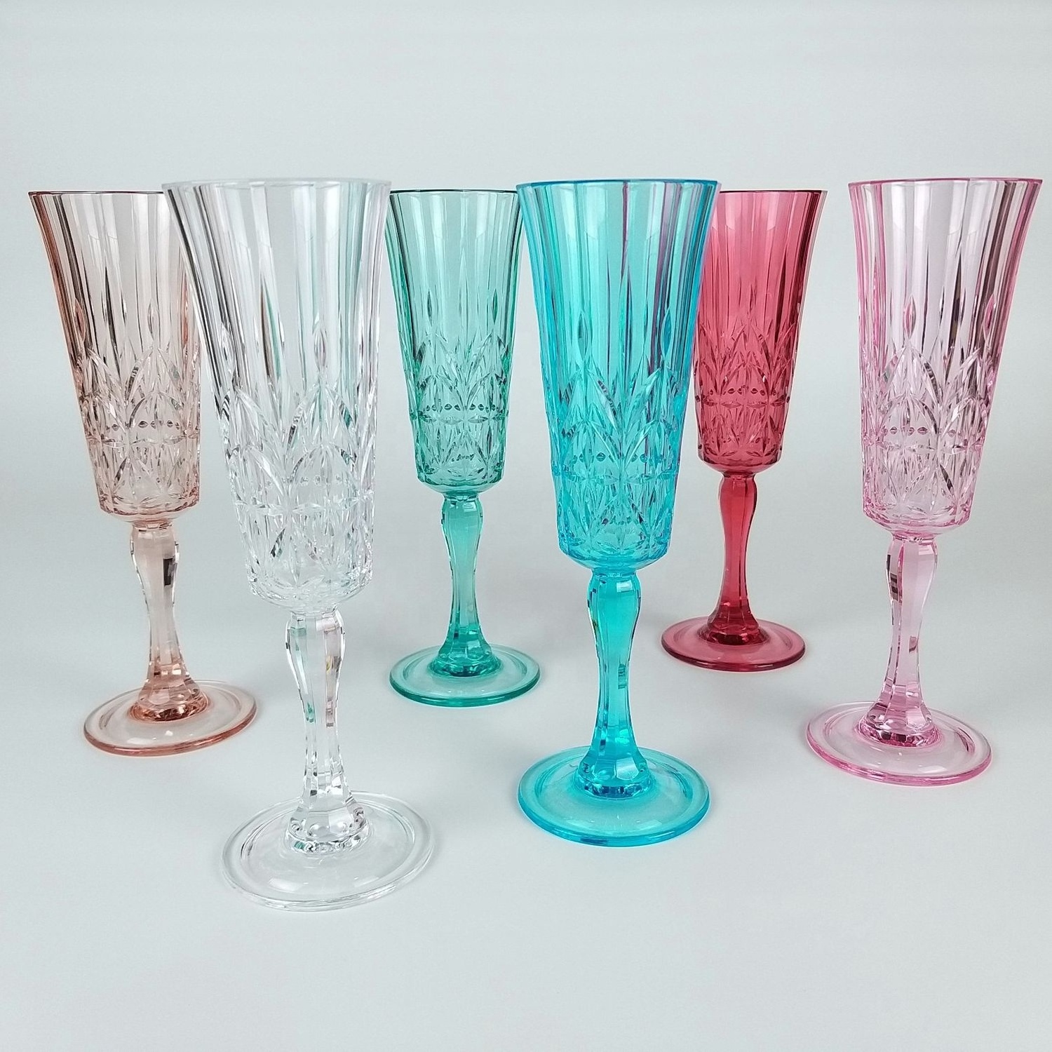 6 oz Diamond cut plastic champagne flute glasses