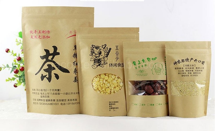 Accept custom brown paper bag for beef jerky packaging charcoal craft zipper bag tea