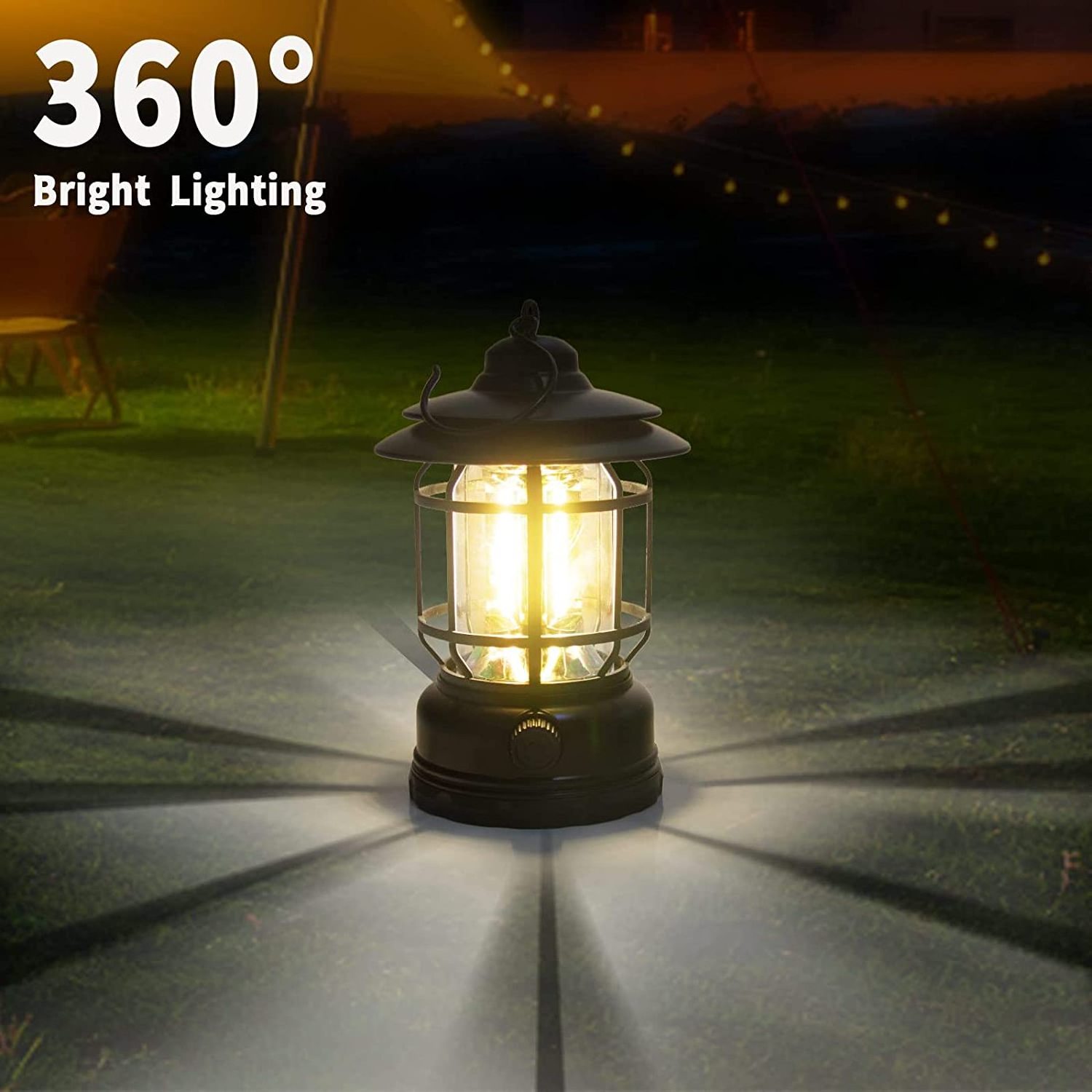 Retro Camping Light Lamp for Indoors Outdoors, 1200mAh Battery Powered LED Tent Light with Hook Rechargeable Camping Lantern