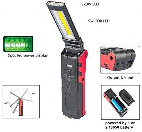 5W USB Rechargeable Work Light with Magnetic Base&Hanging Hook,COB Super Bright Adjustable LED Work Light