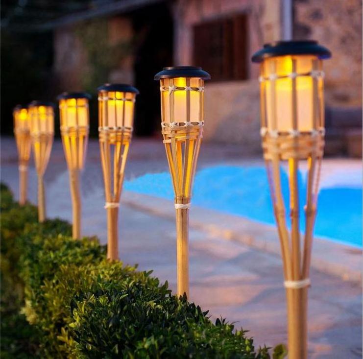 Torch Lights Lighting Solar Bamboo Tiki Torch Flame Warm LED Amber Flickering Light Landscape Solar Flaming Bamboo Torch