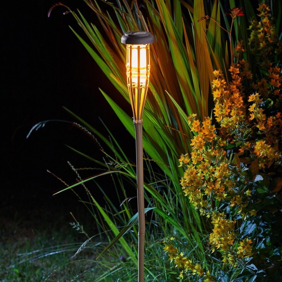 Torch Lights Lighting Solar Bamboo Tiki Torch Flame Warm LED Amber Flickering Light Landscape Solar Flaming Bamboo Torch