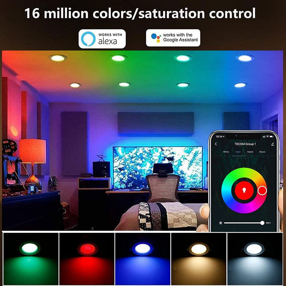 4 6 Inch Smart Recessed Ceiling Lights Spotlight APP Control Dimmable RGB  Alexa 16 Million Colors LED Recessed Ceiling Lights