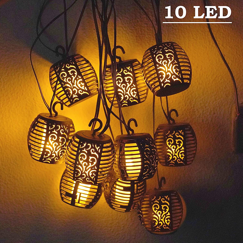 10 LED Solar Lights with Flickering Flame Outdoor, Solar String Lights Waterproof Decorative Hanging Patio Lights Outside Globe