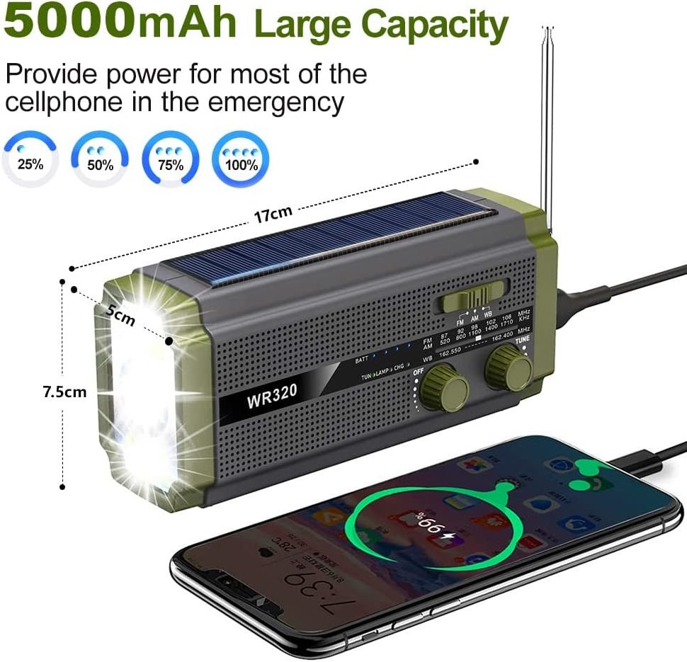 Solar flashlight Radio 1.3W Foldable Solar Panels Hand Crank Portable AM/FM/NOAA Emergency Radio 5000ma Power Bank Phone Charger