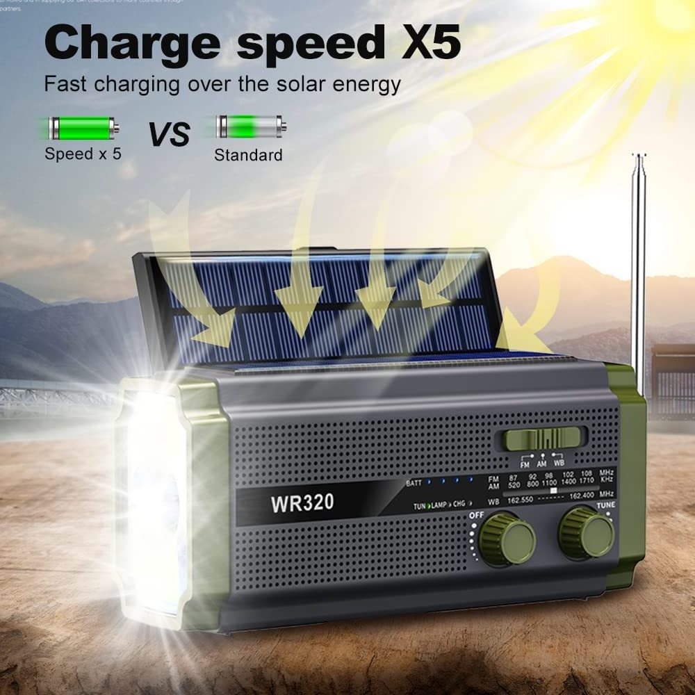 Solar flashlight Radio 1.3W Foldable Solar Panels Hand Crank Portable AM/FM/NOAA Emergency Radio 5000ma Power Bank Phone Charger