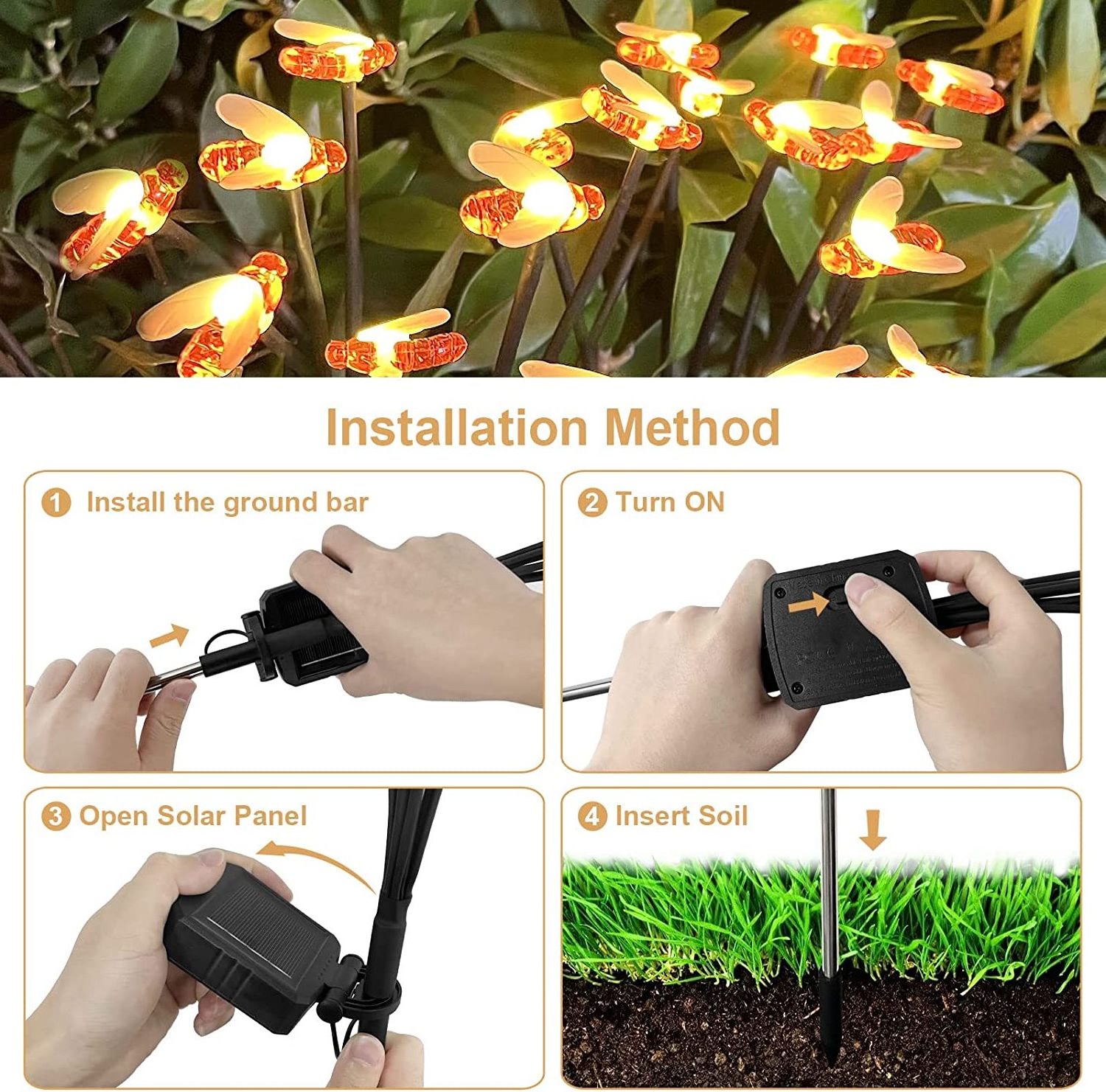 Solar Bee Lights Firefly Swaying Light 2 Modes Outdoor Garden Pathway Decorative  Waterproof 6 8 10LED fire fly lights