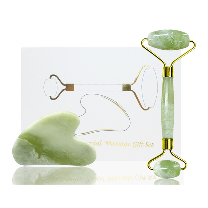 Custom Logo Face Roller 2 In 1 Real Nephrite Massage Tool Natural Stone Guasha Facial Set Best Natural Jade Roller Gua Sha Set